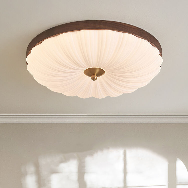 Contemporary Retro Round Flower Petal Copper Wood Acrylic LED Flush Mount Ceiling Light For Living Room