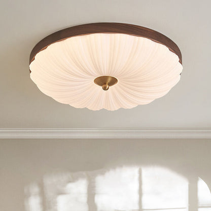 Contemporary Retro Round Flower Petal Copper Wood Acrylic LED Flush Mount Ceiling Light For Living Room