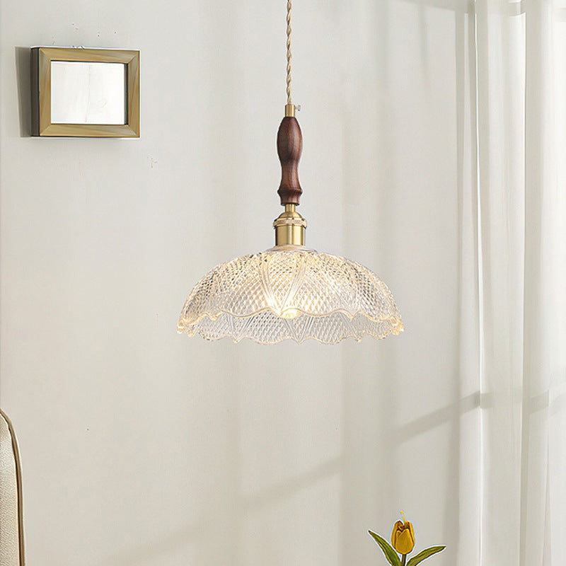 Traditional French Round Flower Petal Buds Glass Shade Wood Aluminum 1-Light Pendant Light For Living Room
