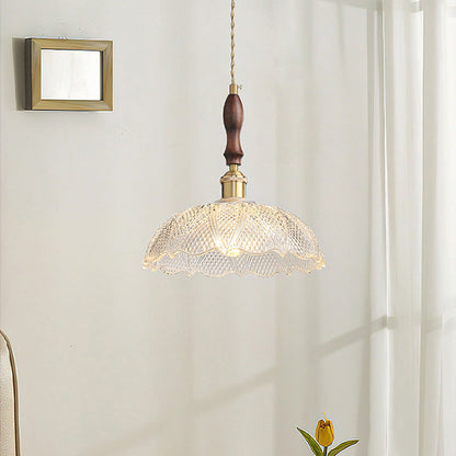 Traditional French Round Flower Petal Buds Glass Shade Wood Aluminum 1-Light Pendant Light For Living Room