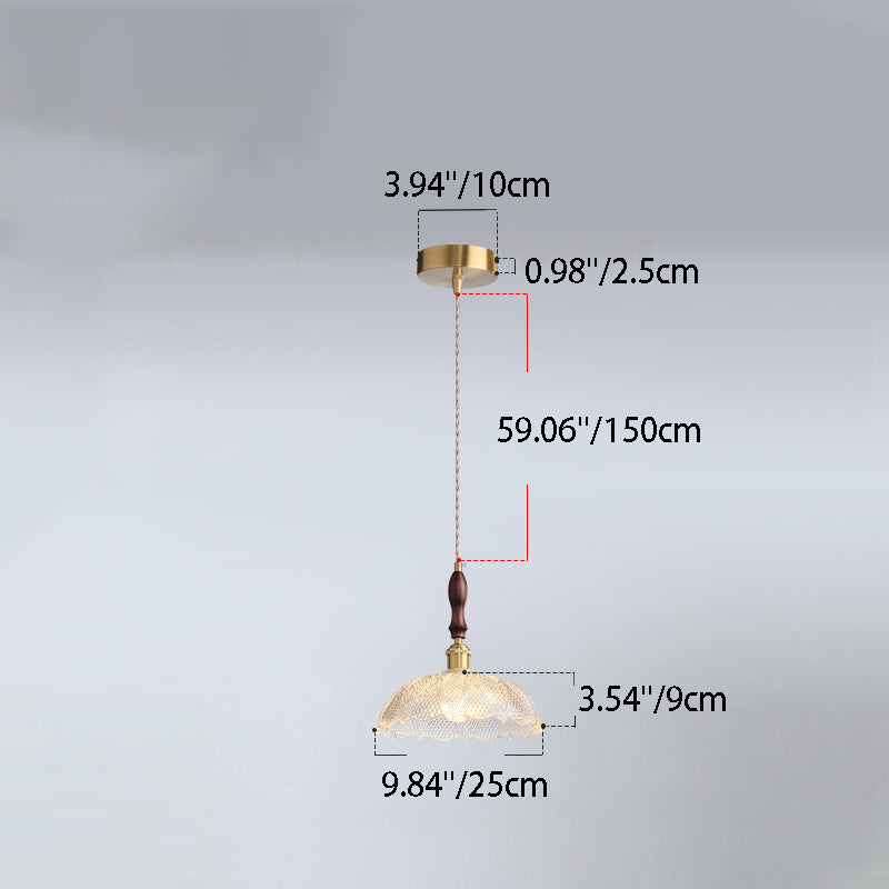 Traditional French Round Flower Petal Buds Glass Shade Wood Aluminum 1-Light Pendant Light For Living Room