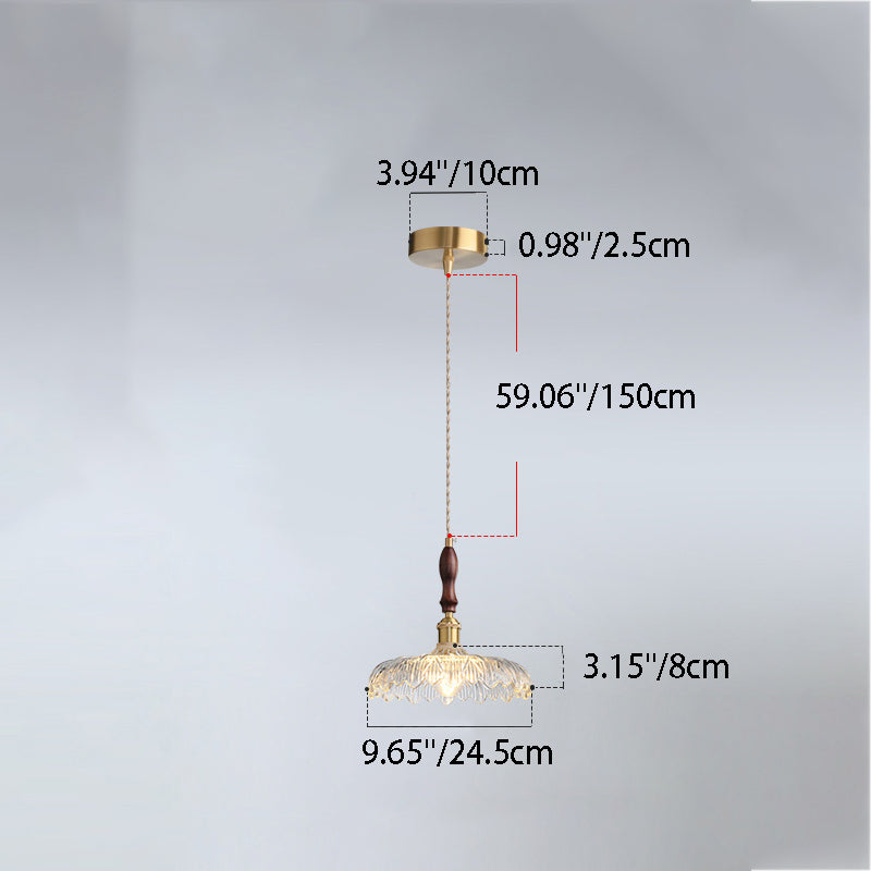 Traditional French Round Flower Petal Buds Glass Shade Wood Aluminum 1-Light Pendant Light For Living Room