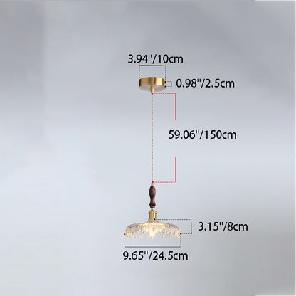 Traditional French Round Flower Petal Buds Glass Shade Wood Aluminum 1-Light Pendant Light For Living Room