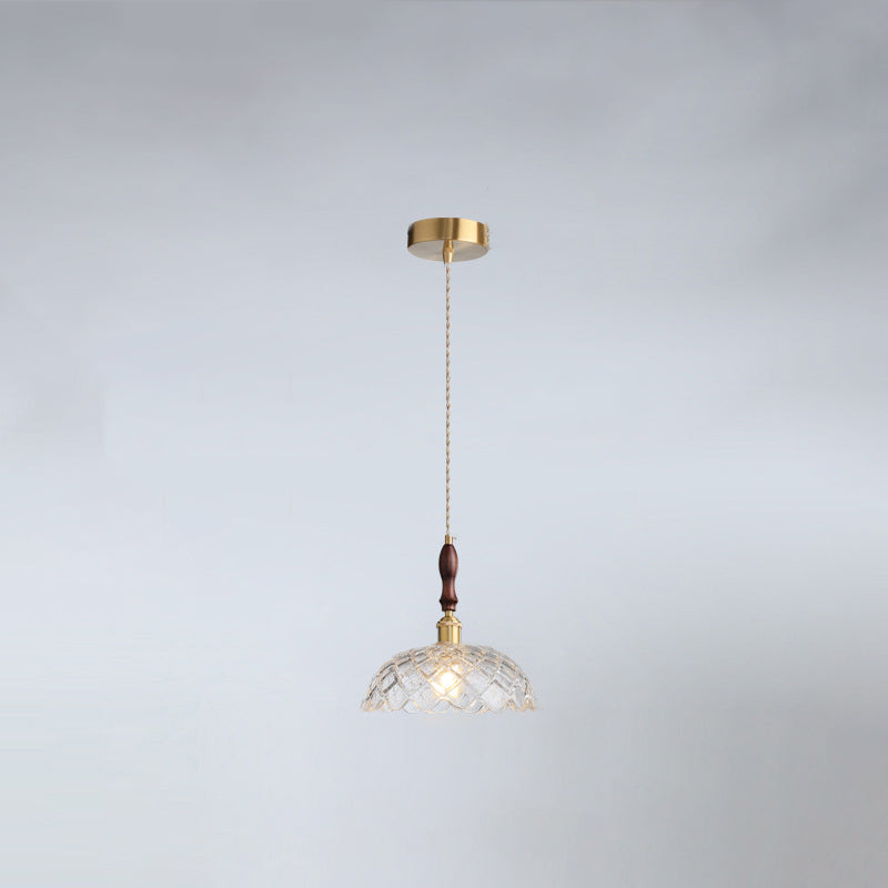 Traditional French Round Flower Petal Buds Glass Shade Wood Aluminum 1-Light Pendant Light For Living Room