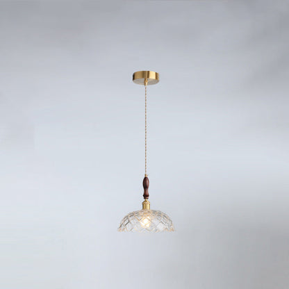 Traditional French Round Flower Petal Buds Glass Shade Wood Aluminum 1-Light Pendant Light For Living Room