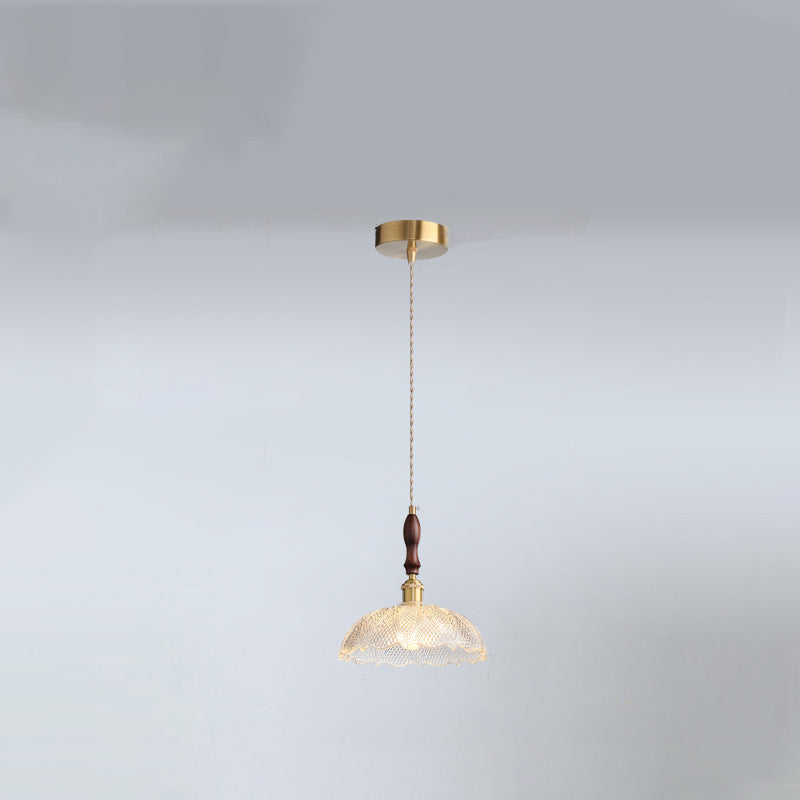 Traditional French Round Flower Petal Buds Glass Shade Wood Aluminum 1-Light Pendant Light For Living Room