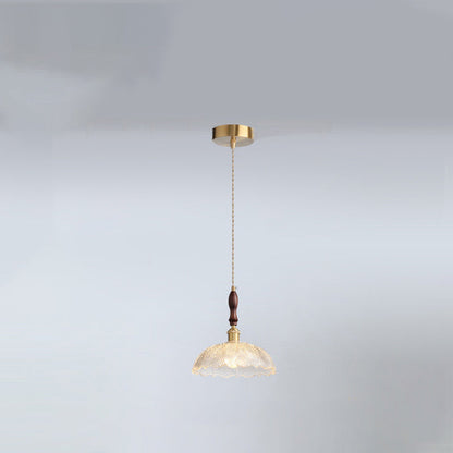 Traditional French Round Flower Petal Buds Glass Shade Wood Aluminum 1-Light Pendant Light For Living Room