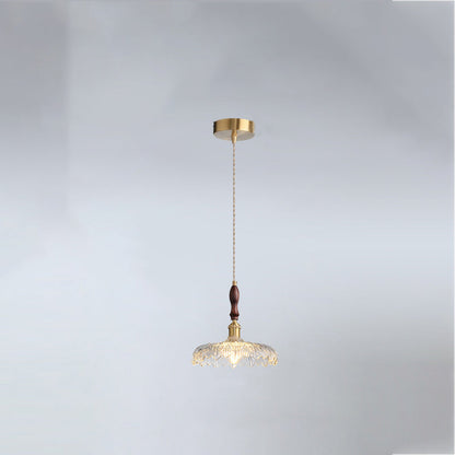Traditional French Round Flower Petal Buds Glass Shade Wood Aluminum 1-Light Pendant Light For Living Room