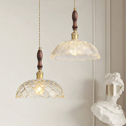 Traditional French Round Flower Petal Buds Glass Shade Wood Aluminum 1-Light Pendant Light For Living Room