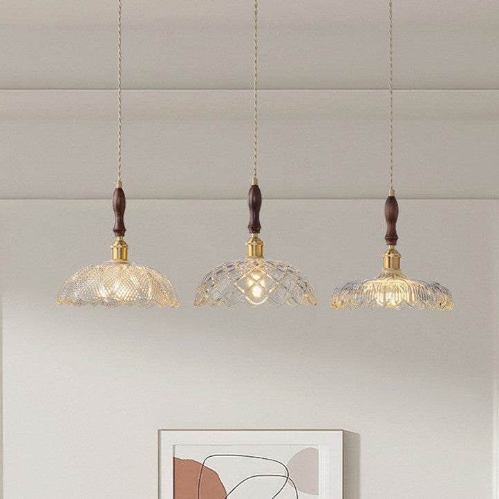 Traditional French Round Flower Petal Buds Glass Shade Wood Aluminum 1-Light Pendant Light For Living Room