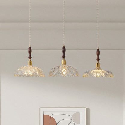 Traditional French Round Flower Petal Buds Glass Shade Wood Aluminum 1-Light Pendant Light For Living Room