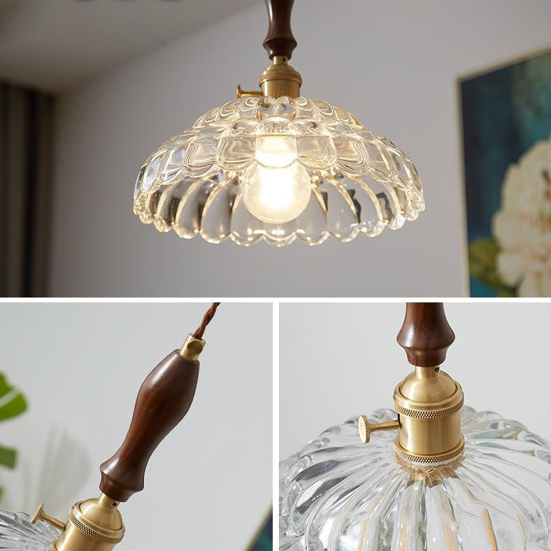 Traditional Vintage Round Floral Glass Shade Wood Brass 1-Light Pendant Light For Living Room