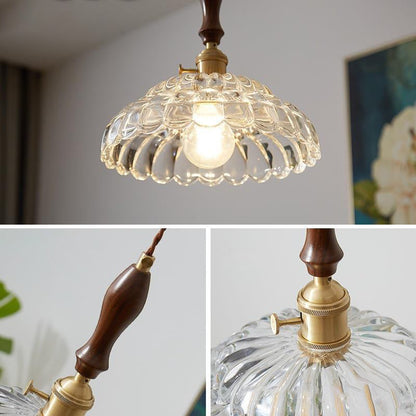 Traditional Vintage Round Floral Glass Shade Wood Brass 1-Light Pendant Light For Living Room