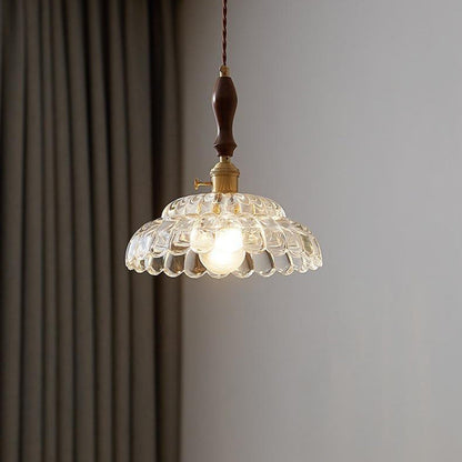 Traditional Vintage Round Floral Glass Shade Wood Brass 1-Light Pendant Light For Living Room