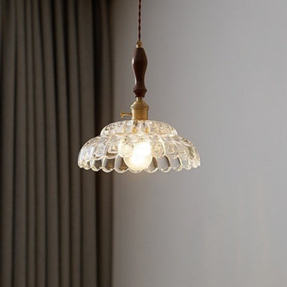 Traditional Vintage Round Floral Glass Shade Wood Brass 1-Light Pendant Light For Living Room