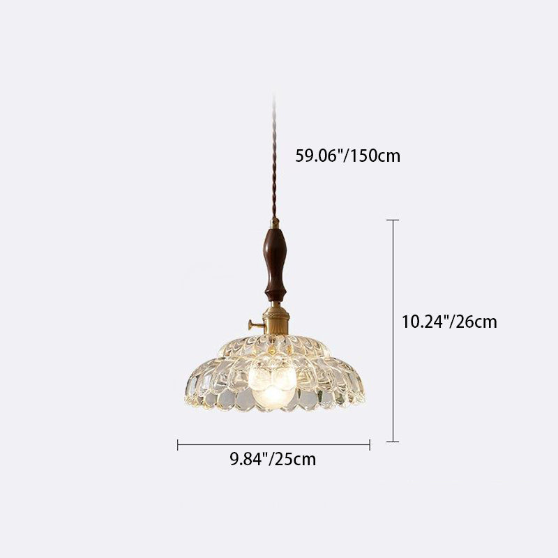 Traditional Vintage Round Floral Glass Shade Wood Brass 1-Light Pendant Light For Living Room