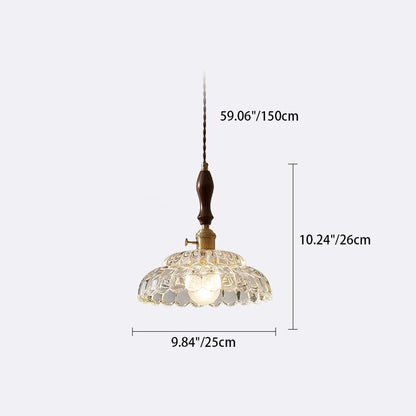 Traditional Vintage Round Floral Glass Shade Wood Brass 1-Light Pendant Light For Living Room