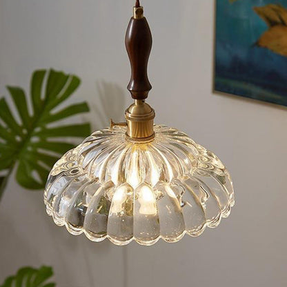 Traditional Vintage Round Floral Glass Shade Wood Brass 1-Light Pendant Light For Living Room
