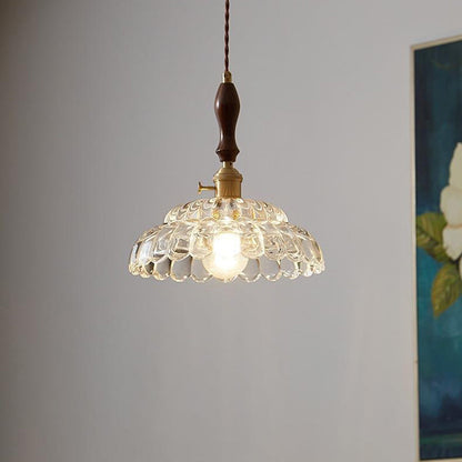 Traditional Vintage Round Floral Glass Shade Wood Brass 1-Light Pendant Light For Living Room