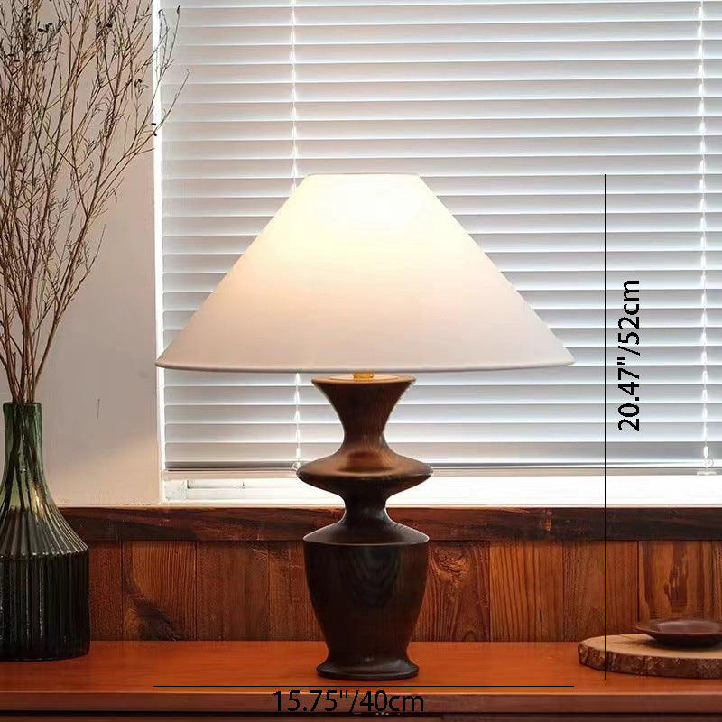 Traditional Vintage Defender Base Trapezoidal Fabric Shade Wood 1-Light Table Lamp For Bedroom