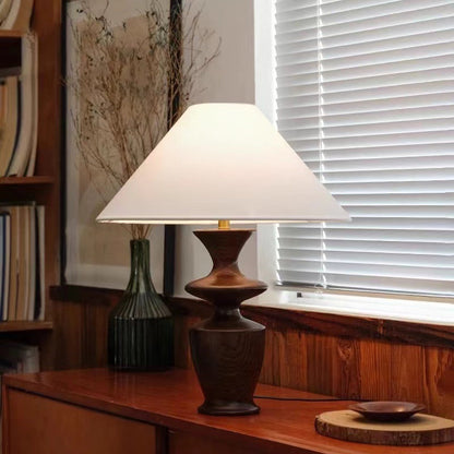 Traditional Vintage Defender Base Trapezoidal Fabric Shade Wood 1-Light Table Lamp For Bedroom