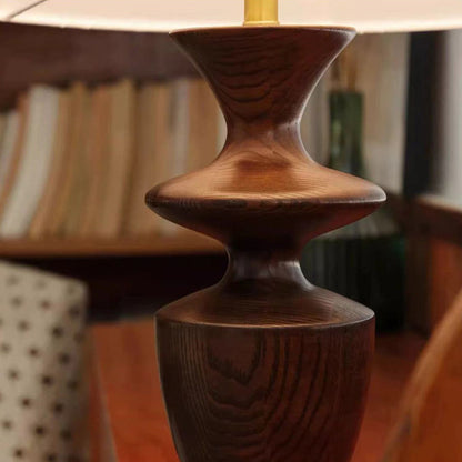 Traditional Vintage Defender Base Trapezoidal Fabric Shade Wood 1-Light Table Lamp For Bedroom