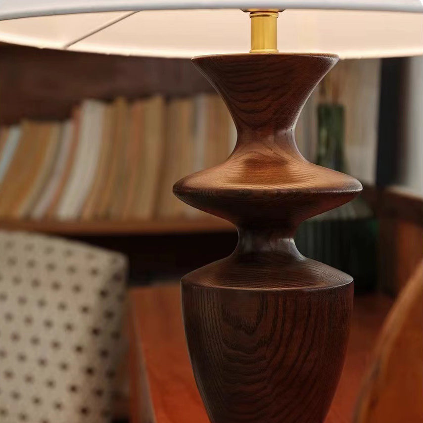 Traditional Vintage Defender Base Trapezoidal Fabric Shade Wood 1-Light Table Lamp For Bedroom