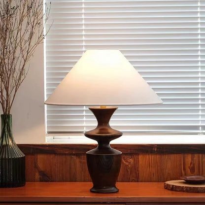 Traditional Vintage Defender Base Trapezoidal Fabric Shade Wood 1-Light Table Lamp For Bedroom