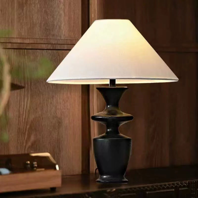 Traditional Vintage Defender Base Trapezoidal Fabric Shade Wood 1-Light Table Lamp For Bedroom