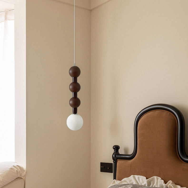 Traditional Vintage Round Bead String Orb Solid Wood Glass 1-Light Pendant Light For Bedroom