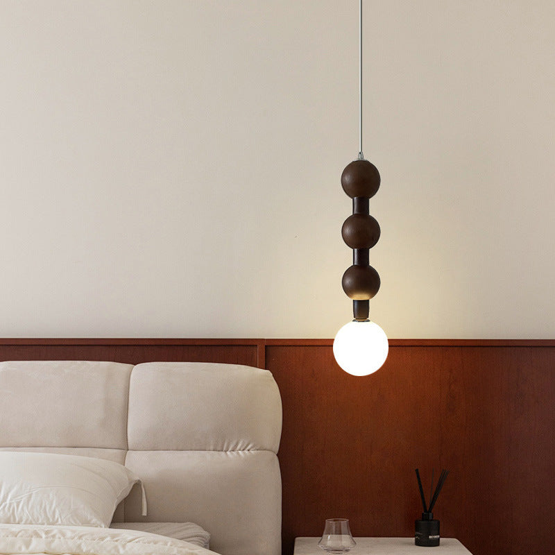Traditional Vintage Round Bead String Orb Solid Wood Glass 1-Light Pendant Light For Bedroom