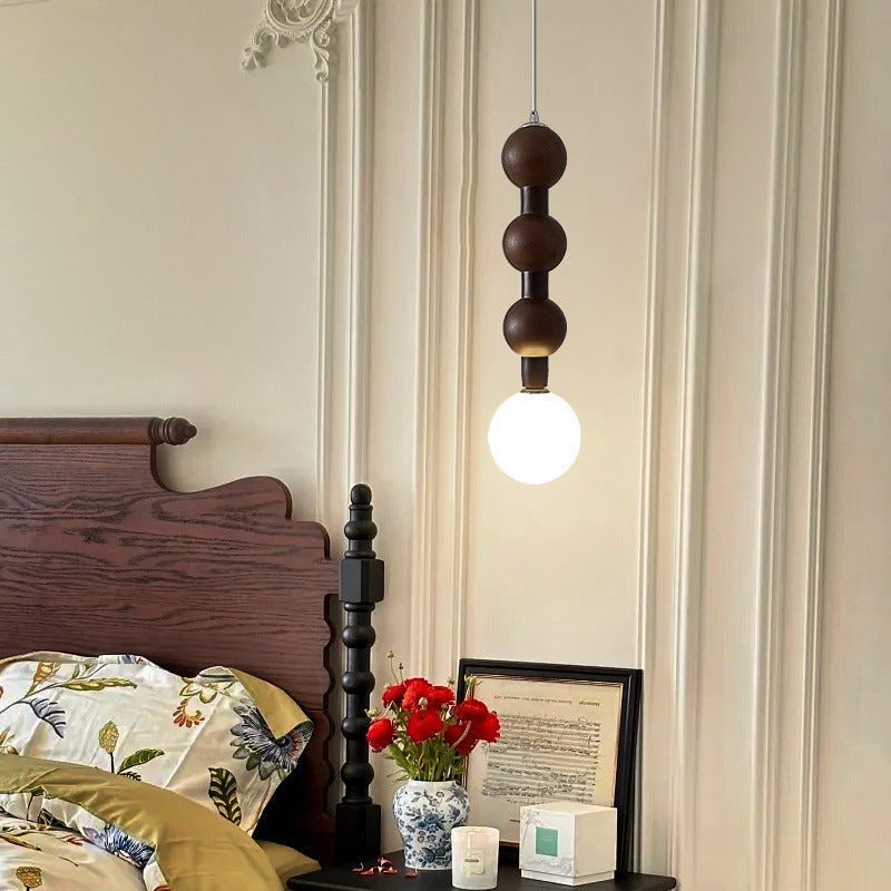 Traditional Vintage Round Bead String Orb Solid Wood Glass 1-Light Pendant Light For Bedroom