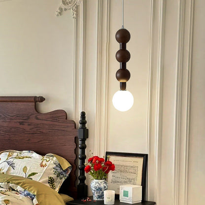 Traditional Vintage Round Bead String Orb Solid Wood Glass 1-Light Pendant Light For Bedroom