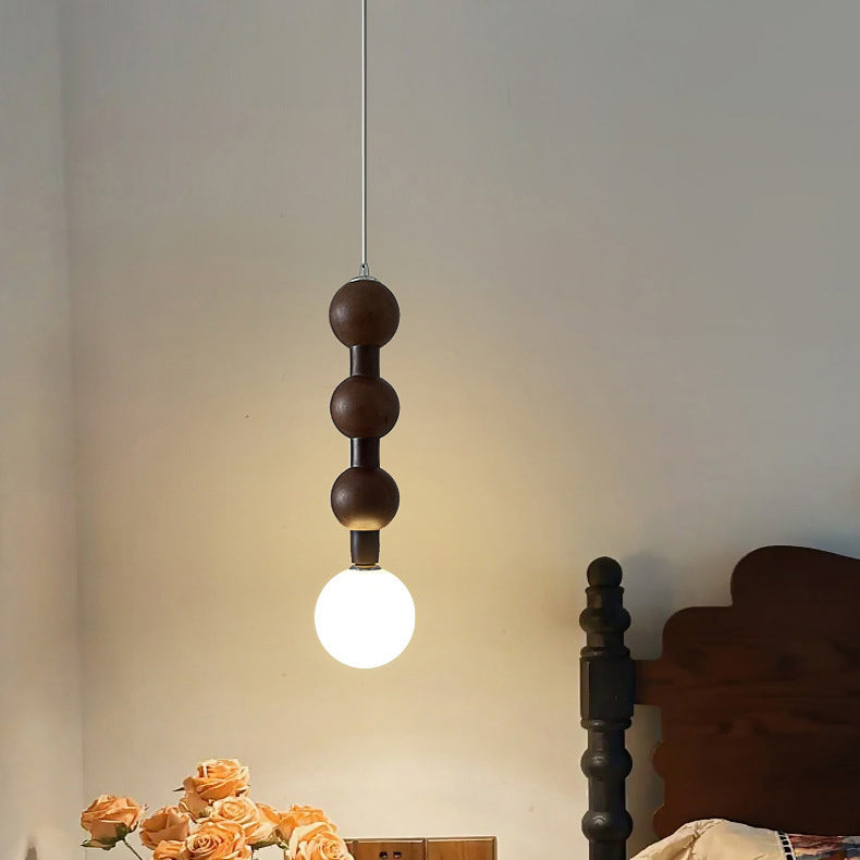 Traditional Vintage Round Bead String Orb Solid Wood Glass 1-Light Pendant Light For Bedroom
