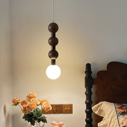 Traditional Vintage Round Bead String Orb Solid Wood Glass 1-Light Pendant Light For Bedroom