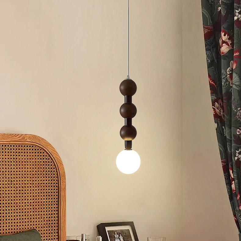 Traditional Vintage Round Bead String Orb Solid Wood Glass 1-Light Pendant Light For Bedroom