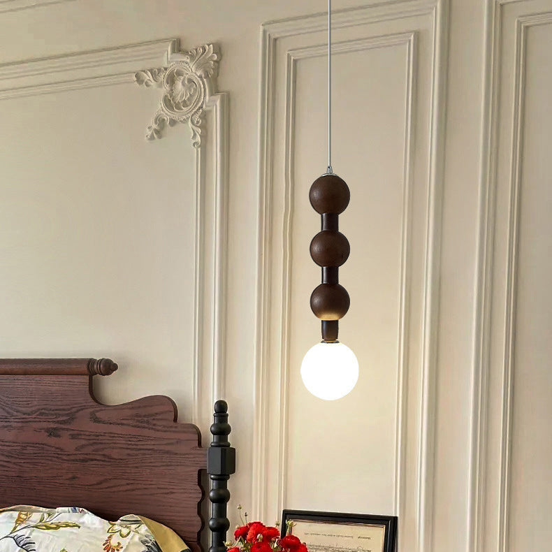 Traditional Vintage Round Bead String Orb Solid Wood Glass 1-Light Pendant Light For Bedroom