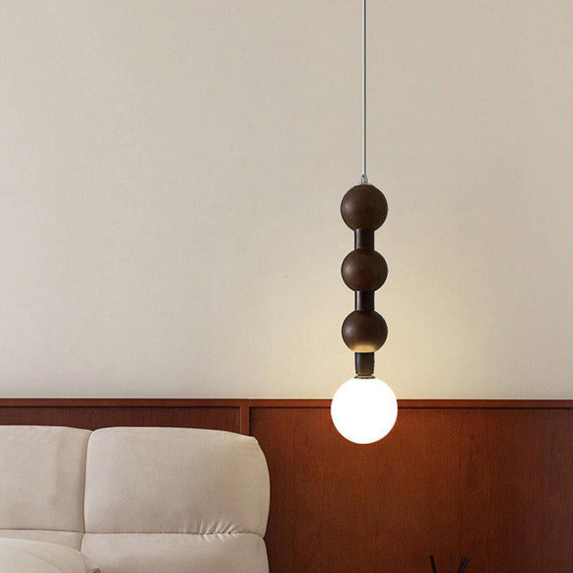 Traditional Vintage Round Bead String Orb Solid Wood Glass 1-Light Pendant Light For Bedroom