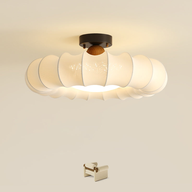 Traditional Vintage Circular Silk Shade Iron Solid Wooden Base LED Semi-Flush Mount Ceiling Light For Bedroom