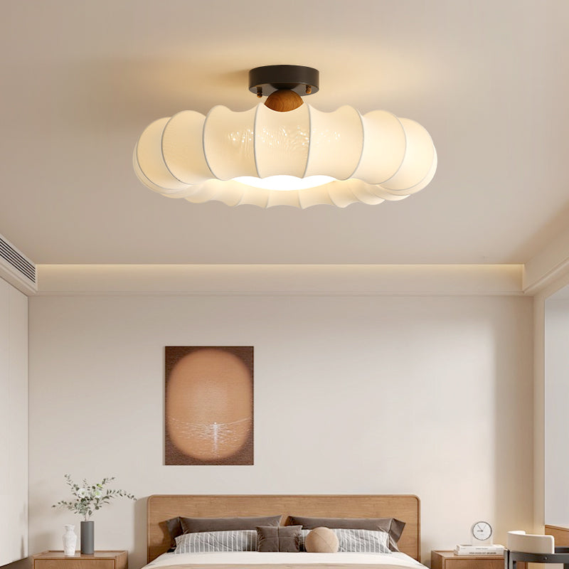 Traditional Vintage Circular Silk Shade Iron Solid Wooden Base LED Semi-Flush Mount Ceiling Light For Bedroom