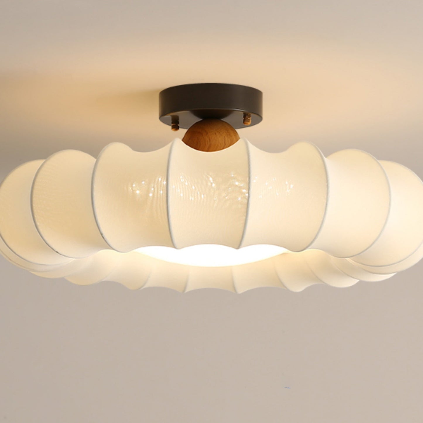 Traditional Vintage Circular Silk Shade Iron Solid Wooden Base LED Semi-Flush Mount Ceiling Light For Bedroom