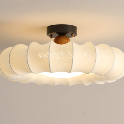 Traditional Vintage Circular Silk Shade Iron Solid Wooden Base LED Semi-Flush Mount Ceiling Light For Bedroom