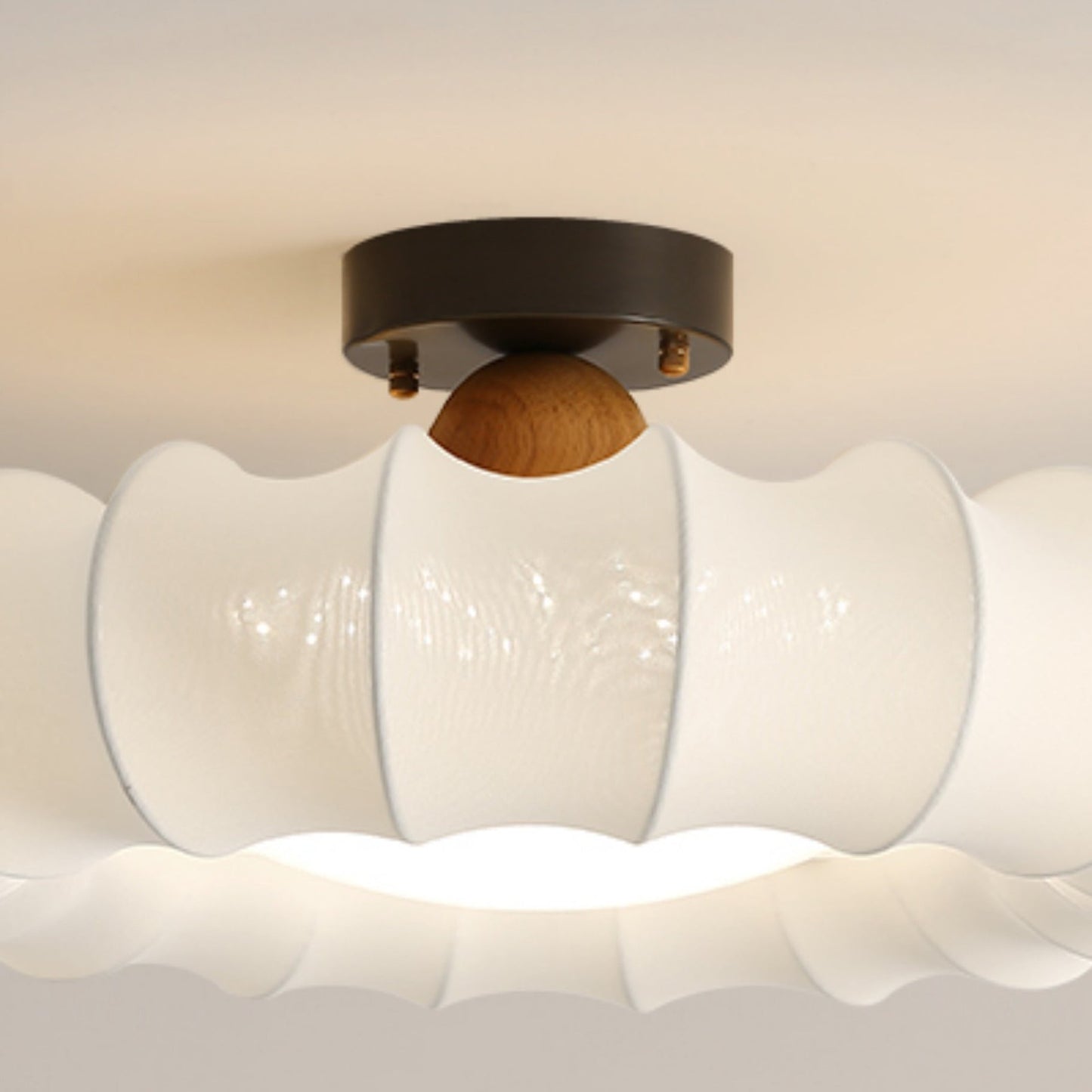 Traditional Vintage Circular Silk Shade Iron Solid Wooden Base LED Semi-Flush Mount Ceiling Light For Bedroom