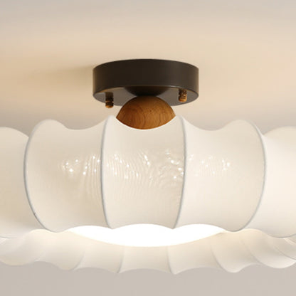 Traditional Vintage Circular Silk Shade Iron Solid Wooden Base LED Semi-Flush Mount Ceiling Light For Bedroom