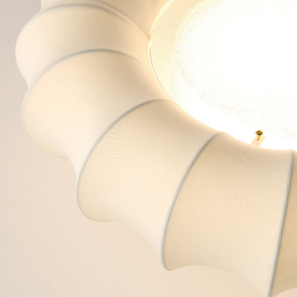 Traditional Vintage Circular Silk Shade Iron Solid Wooden Base LED Semi-Flush Mount Ceiling Light For Bedroom