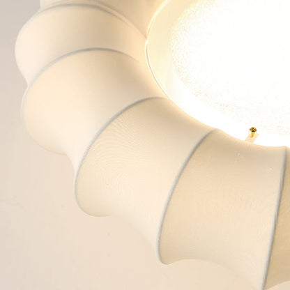 Traditional Vintage Circular Silk Shade Iron Solid Wooden Base LED Semi-Flush Mount Ceiling Light For Bedroom