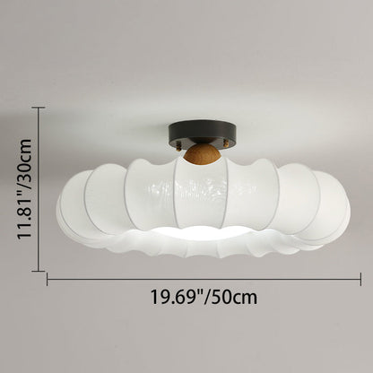Traditional Vintage Circular Silk Shade Iron Solid Wooden Base LED Semi-Flush Mount Ceiling Light For Bedroom