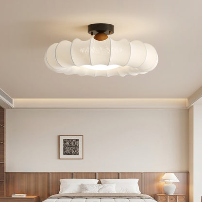 Traditional Vintage Circular Silk Shade Iron Solid Wooden Base LED Semi-Flush Mount Ceiling Light For Bedroom