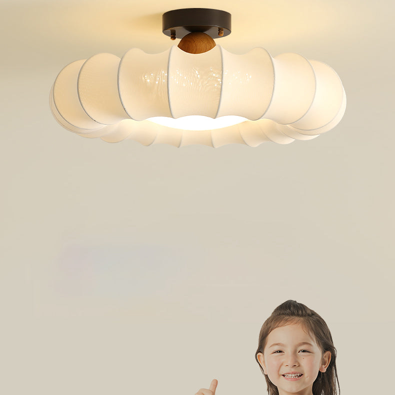 Traditional Vintage Circular Silk Shade Iron Solid Wooden Base LED Semi-Flush Mount Ceiling Light For Bedroom