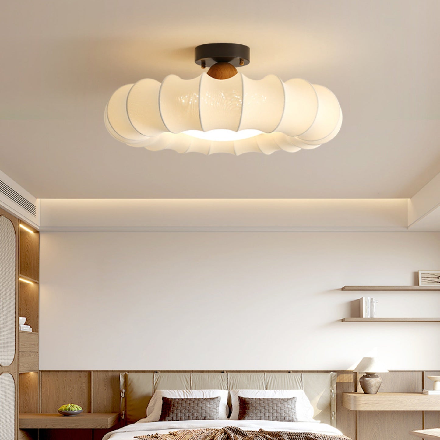 Traditional Vintage Circular Silk Shade Iron Solid Wooden Base LED Semi-Flush Mount Ceiling Light For Bedroom